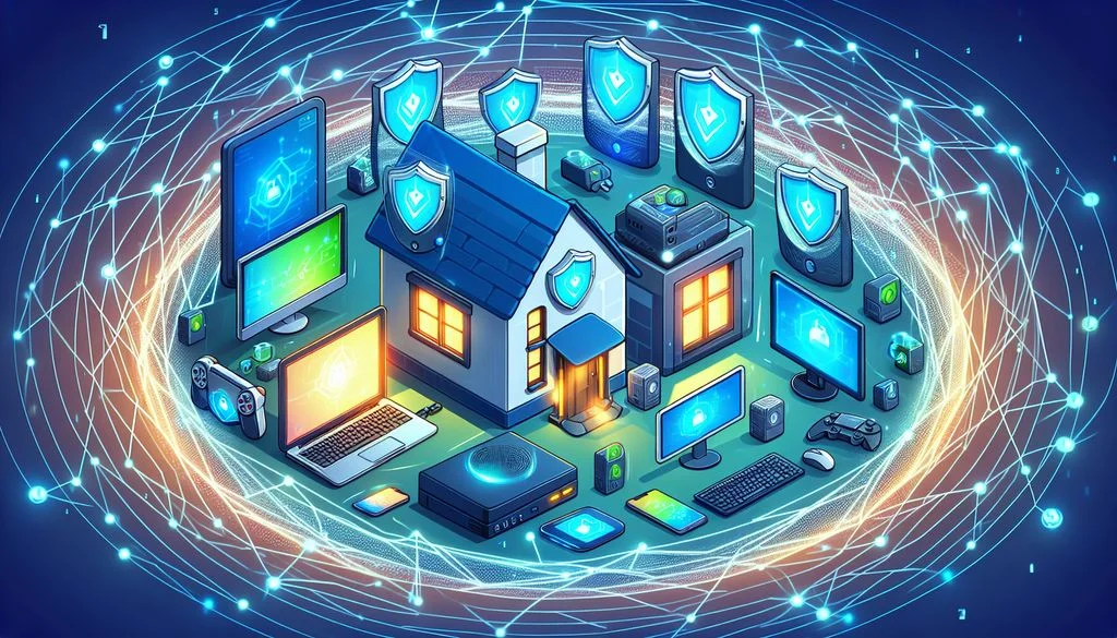 Une maison entourée d’icônes de bouclier et de cadenas bleu lumineux et d’appareils connectés sur un maillage réseau sombre, montrant un réseau domestique chiffré.