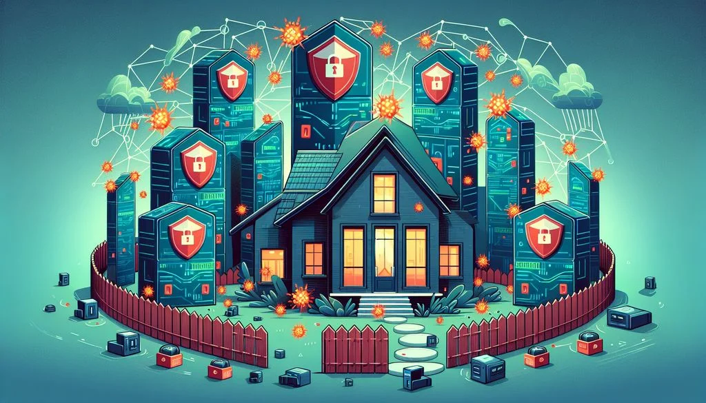 Une maison derrière une clôture rouge, adossée à des tours de serveurs dotées de boucliers-cadenas, avec des explosions orange de logiciels malveillants tout autour, repoussées par des défenses corrigées.