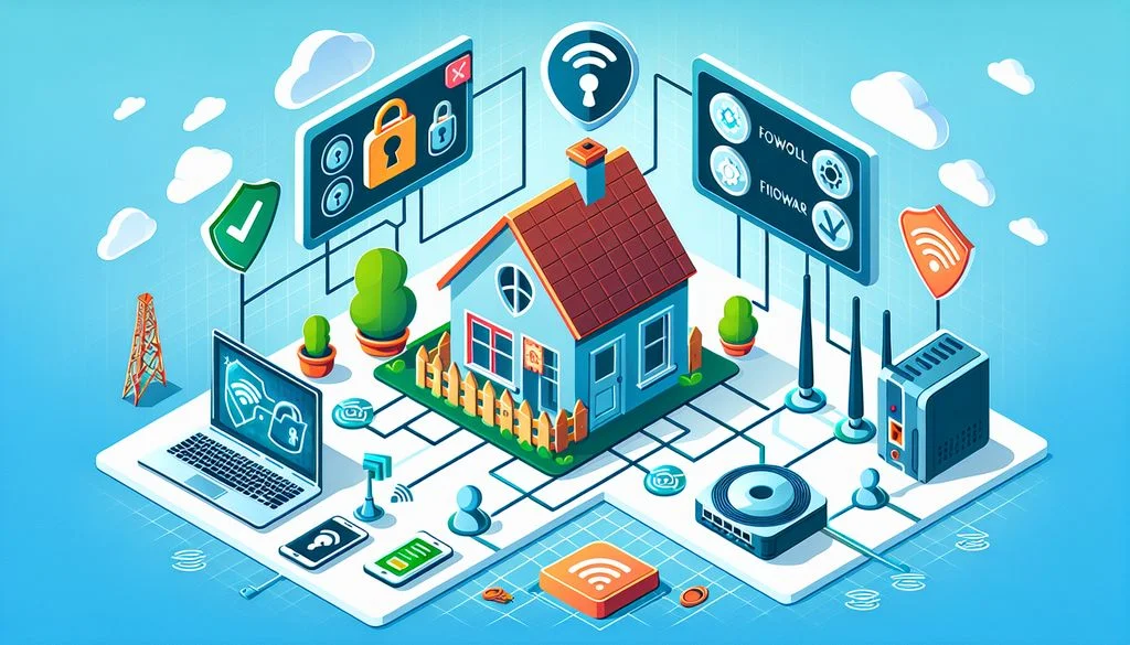 Scène isométrique de réseau domestique avec une maison reliée à un ordinateur portable, un téléphone et un routeur, ainsi que des icônes flottantes de cadenas et de bouclier pour le contrôle d’accès.