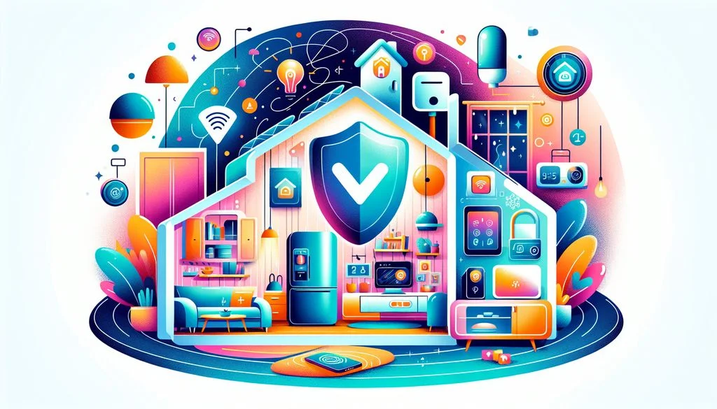 Vue en coupe de l’intérieur d’une maison intelligente avec un grand bouclier central à coche et des icônes d’appareils connectés, représentant un réseau protégé exempt de logiciels malveillants.
