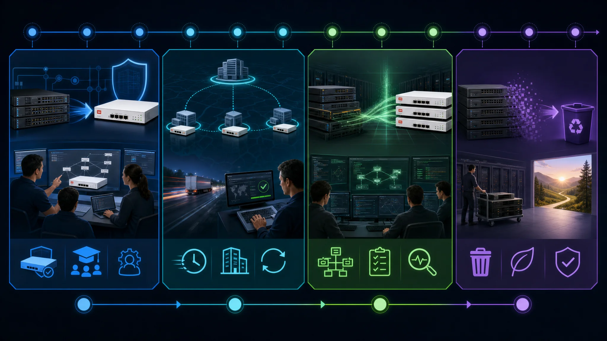 Diagramme chronologique montrant une migration en 12 mois par phases de Cisco vers Fortinet couvrant le déploiement pilote aux mois 1 à 2, le déploiement en succursales aux mois 3 à 6, la bascule du centre de données aux mois 7 à 9, et la mise hors service finale aux mois 10 à 12