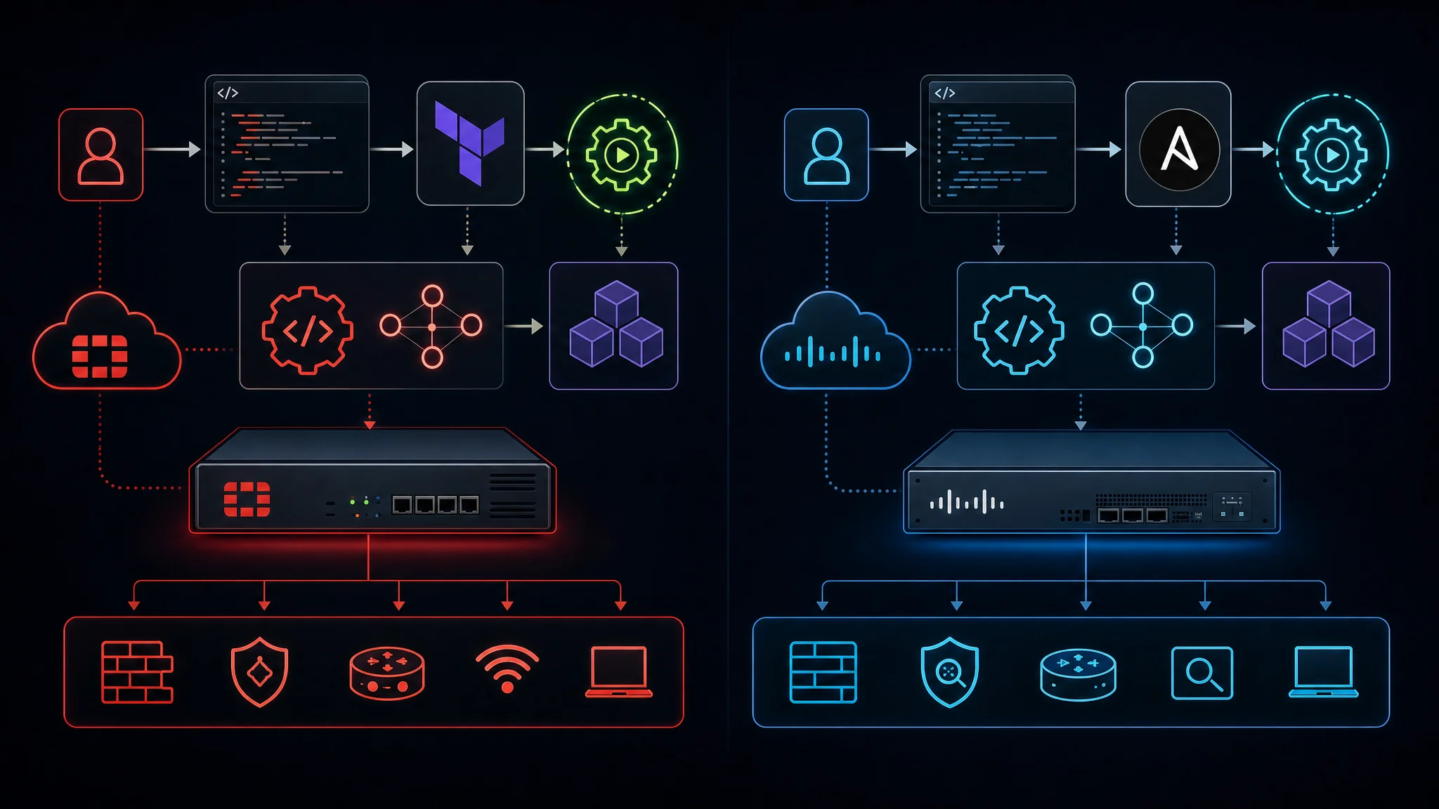 Diagramme comparant le workflow d’automatisation FortiGate REST API et Terraform contre l’API Cisco Firepower Management Center et les modules Ansible pour l’infrastructure de sécurité réseau en tant que code