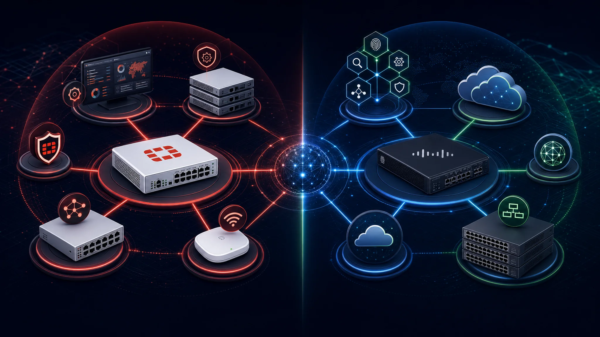 Diagramme de comparaison montrant l’écosystème produit Fortinet Security Fabric incluant FortiGate, FortiSwitch, FortiManager et FortiAP versus l’écosystème Cisco Secure incluant Firepower, Catalyst, SecureX et Umbrella