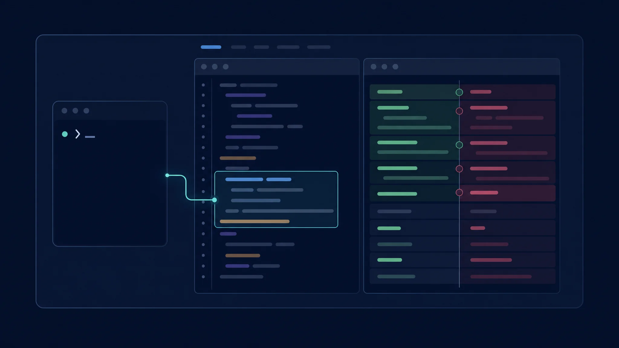 Invite de terminal reliée à une sélection de l’éditeur et à une différence de code côte à côte dans un espace de dépôt