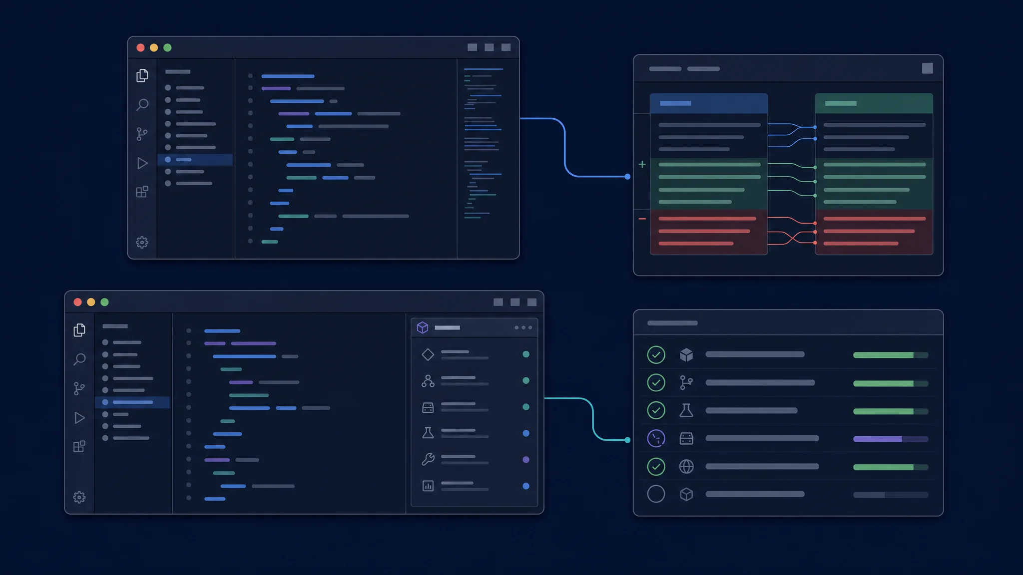 Les interfaces d'un éditeur complet et d'une extension convergent vers un diff visuel, un panneau de diagnostics et une liste de tests indépendante