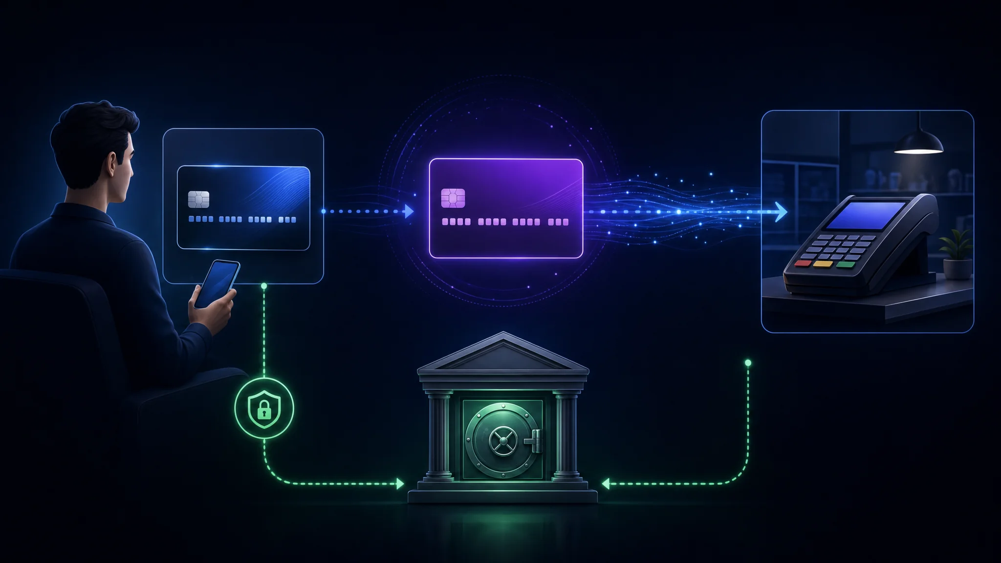 Schéma montrant un numéro de carte virtuelle envoyé au commerçant tandis que le vrai numéro de carte reste entre le titulaire et la banque émettrice