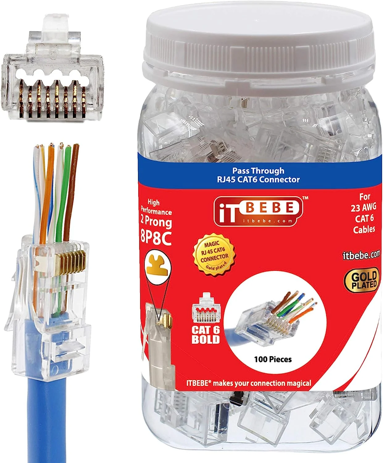 ITBEBE 50 pièces connecteurs RJ45 Cat6 pass-through plaqués or