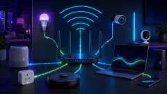 Illustration d’une installation de réseau domestique moderne, avec un routeur élégant, des appareils IoT intelligents et un ordinateur portable, le tout sur fond sombre avec des accents bleu, vert et violet éclatants.