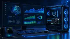 Station de travail GPU de bureau illustrée, avec des graphiques abstraits et un réseau neuronal sur le moniteur