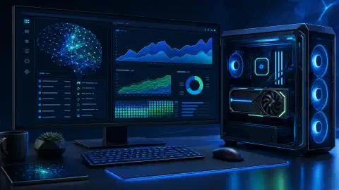 Station de travail GPU de bureau illustrée, avec des graphiques abstraits et un réseau neuronal sur le moniteur
