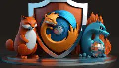 Image animée en 3D représentant trois icônes de navigateur de type bande dessinée, Brave, Firefox et Tor, entourées d'un bouclier symbolisant la protection de la vie privée et surmontées d'un cadenas.