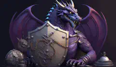 Une mascotte de dragon Kali Linux animée en 3D, entourée de divers outils de cybersécurité et de piratage, assise sur un bouclier orné d'un dragon violet.