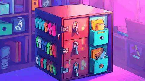 Image de style bande dessinée représentant une armoire à dossiers verrouillée avec différentes clés représentant des autorisations d'utilisateurs, de groupes et d'autres personnes.