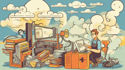 Image de style bande dessinée d'un emballeur créant différentes images de machines pour plusieurs plateformes, avec un ordinateur portable et des nuages en arrière-plan.