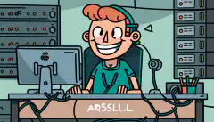 Un personnage de dessin animé assis à un bureau, entouré de serveurs et de câbles, avec le logo d'Ansible sur l'écran de l'ordinateur, souriant au fur et à mesure que les tâches sont automatisées.