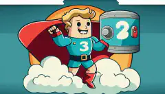 Un personnage de bande dessinée avec une cape tenant un bouclier sur lequel figure le chiffre 3, debout au-dessus de deux boîtes de stockage, l'une représentant un disque dur et l'autre un nuage, et pointant vers un globe représentant le stockage hors site.