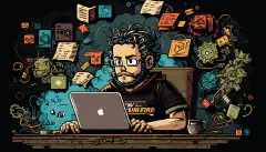 Un développeur de bande dessinée assis à un bureau avec un ordinateur portable, entouré de divers éléments HTML, CSS et JavaScript flottant dans l'air autour d'eux.