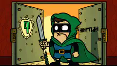 Un hacker de dessin animé portant une cape et un masque, debout devant une porte de coffre-fort avec le logo HTB dessus et tenant un outil (comme une clé ou un tournevis) avec un fond vert symbolisant le succès et le drapeau dans une bulle au-dessus leur tête.