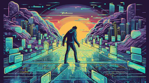 Illustration de bande dessinée représentant une personne passant du monde des technologies de l'information à celui de la cybersécurité.