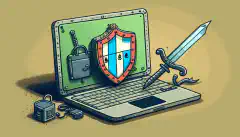 Illustration en bande dessinée d'un ordinateur portable verrouillé, avec en arrière-plan un bouclier et une épée représentant la cybersécurité.