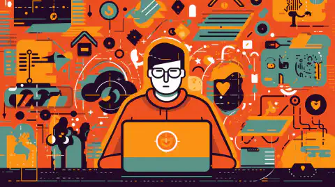 Dessin humoristique représentant une personne travaillant sur un ordinateur portable, entourée d'icônes et de symboles liés à la cybersécurité.