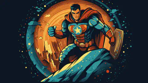 Illustration d'un super-héros muni d'un bouclier protégeant le monde numérique des pirates informatiques et des cyber-menaces.