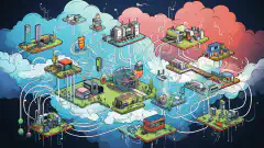 Illustration de bande dessinée présentant les différents composants du réseau et les options de connectivité en nuage