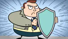 Dessin humoristique d'un chef d'entreprise tenant un bouclier portant la mention assurance cybersécurité et bloquant les cybermenaces.