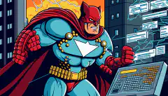 Dessin animé d'un super-héros de la cybersécurité défendant une ville contre les cybermenaces.