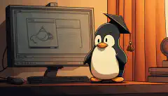 Image de bande dessinée d'un pingouin avec une casquette, tenant un diplôme et se tenant devant un ordinateur avec un environnement de bureau Linux en arrière-plan.