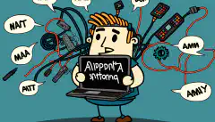 Image de bande dessinée représentant une personne tenant un ordinateur portable, entourée de divers composants informatiques et de câbles de réseau, avec une bulle de pensée affichant une série d'acronymes CompTIA A+ et de procédures de dépannage.
