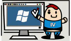 Image de bande dessinée représentant une personne tenant une clé USB portant le logo Windows et une coche, devant un écran d'ordinateur portant le logo Windows.