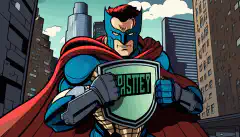 Image de bande dessinée représentant une personne portant un costume de super-héros et tenant un bouclier sur lequel figure le mot cybersécurité, avec un paysage urbain et des écrans d'ordinateur en arrière-plan.
