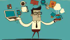 Image caricaturale d'une personne jonglant avec divers appareils personnels (ordinateur portable, smartphone, tablette) et des objets liés au travail (documents, tasse à café)
