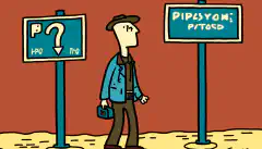 Dessin humoristique d'une personne se tenant à un carrefour, avec un panneau indiquant les directions IPv4 et IPv6, représentant le choix et la transition entre les deux protocoles.