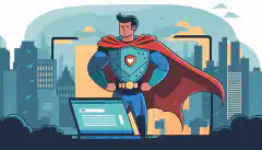 Dessin animé représentant un développeur web portant une cape de super-héros et tenant un bouclier. Le bouclier protège un ordinateur portable dont l'écran affiche une interface d'application web.
