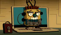 Un cadenas de dessin animé protégeant un ordinateur portable, avec un pirate informatique en arrière-plan.