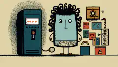 Une personne de bande dessinée se tenant devant un ordinateur, avec un symbole de cadenas au-dessus de sa tête et différents types de facteurs d'authentification, tels qu'une clé, un téléphone, une empreinte digitale, etc. flottant autour d'elle
