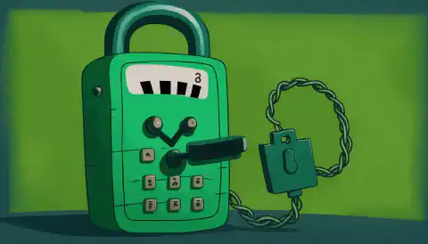 Un téléphone de dessin animé avec un écran vert et un cadenas dessus, symbolisant la sécurité et le cryptage, avec des tonalités DTMF représentées dans le motif