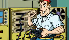 Un technicien en dessin animé tenant un ONT COTS avec un câble en fibre optique en arrière-plan.