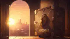 une porte de coffre-fort en bande dessinée qui s'ouvre avec une clé révélant un coffre au trésor, le tout sur fond de paysage urbain parisien au coucher du soleil.