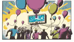 Une représentation caricaturale d'un groupe d'individus exploitant un ballon à hélium avec une image d'une passerelle LoRaWAN et d'un multiplexeur MiddleMan ou Chirp Stack Packet en arrière-plan.