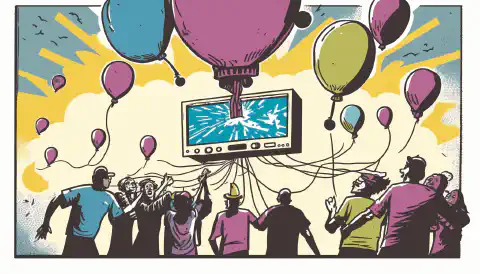 Une représentation caricaturale d'un groupe d'individus exploitant un ballon à hélium avec une image d'une passerelle LoRaWAN et d'un multiplexeur MiddleMan ou Chirp Stack Packet en arrière-plan.