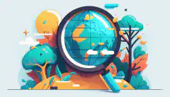 Un globe terrestre caricatural surmonté d'une loupe symbolisant la plate-forme Presearch en tant que moteur de recherche communautaire et décentralisé