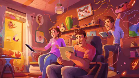 Illustration colorée représentant une famille heureuse à la maison, entourée de divers appareils connectés à T-Mobile Home Internet.
