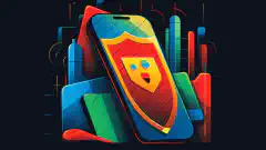 Une illustration de dessin animé colorée présentant un appareil Google Pixel avec un bouclier symbolisant des fonctions de confidentialité et de sécurité améliorées.
