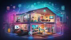Une illustration colorée représentant une maison avec des signaux WiFi se répandant dans toutes les pièces, symbolisant la couverture et la connectivité d'un système WiFi mesh.