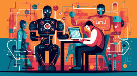 Illustration colorée d'un testeur humain et d'un testeur robot travaillant ensemble pour tester des applications logicielles.