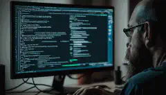 Un développeur assis devant son ordinateur, tapant sur son clavier avec le CLI ChatGPT ouvert sur son terminal.