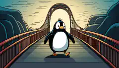 Un pingouin Linux sympathique en dessin animé, marchant avec confiance sur un pont vers un avenir prospère.